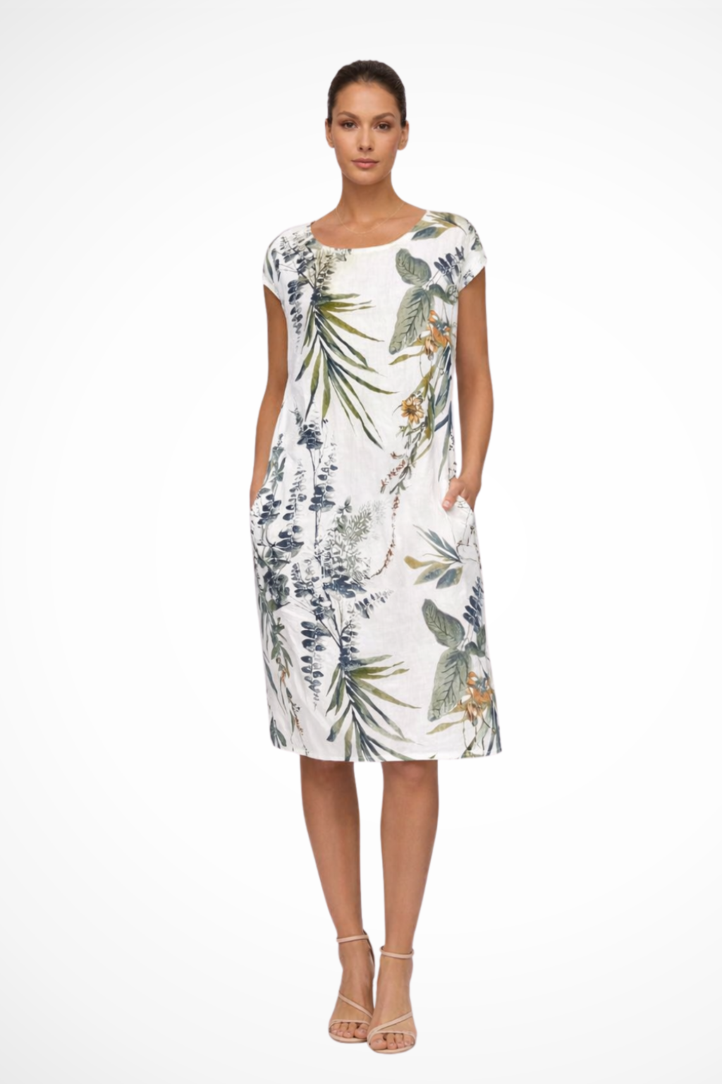 Women's relaxed fit botanical print summer midi dress, perfect for casual days.
