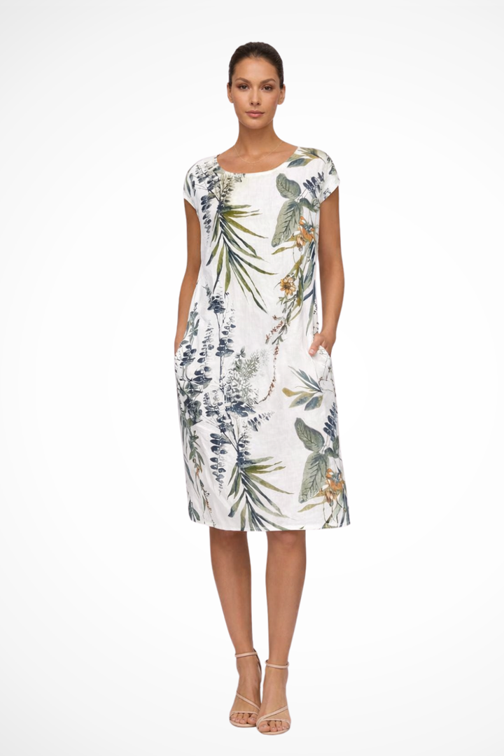 Women's relaxed fit botanical print summer midi dress, perfect for casual days.