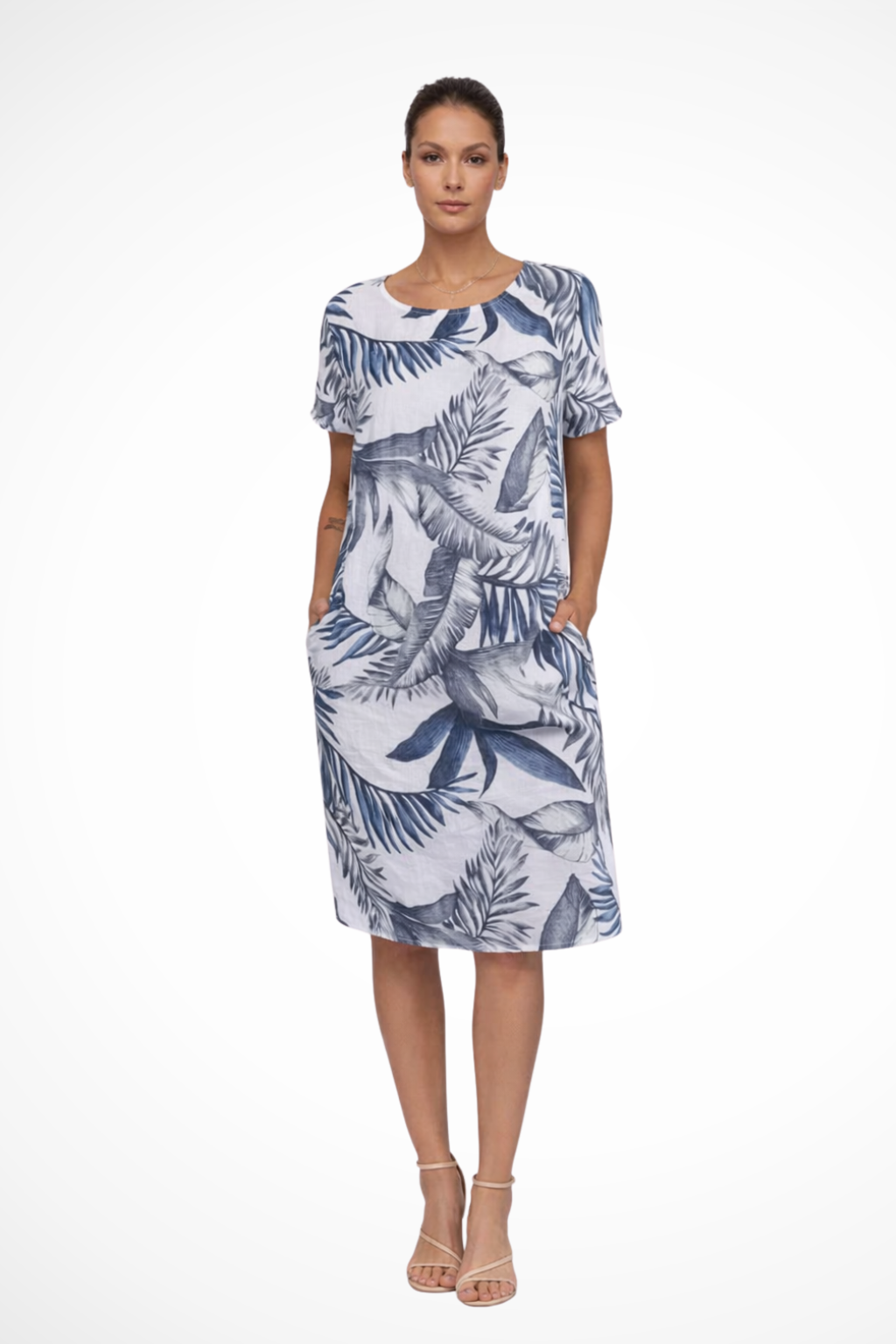 Sleeveless botanical print relaxed fit summer dress for women, ideal for vacations.