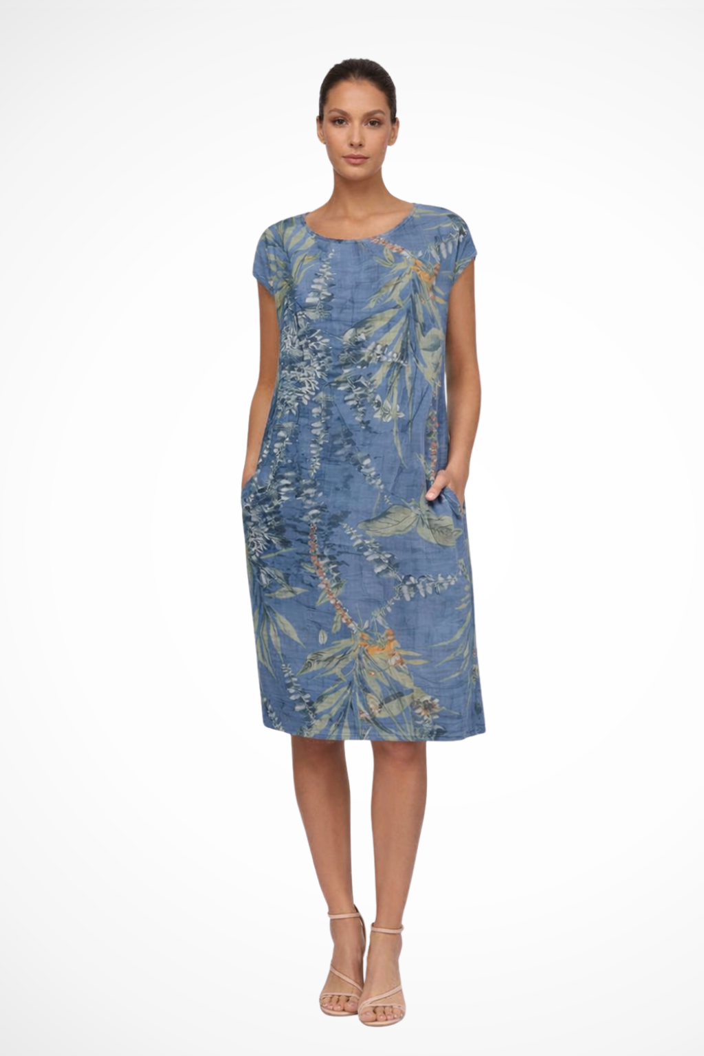 Stylish women's relaxed fit botanical floral print midi dress, comfortable for beach or summer.