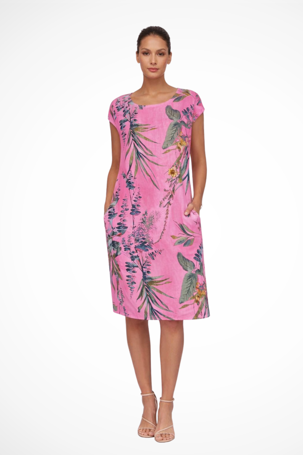Elegant sleeveless floral print summer dress for women, relaxed fit, ideal for warm weather.