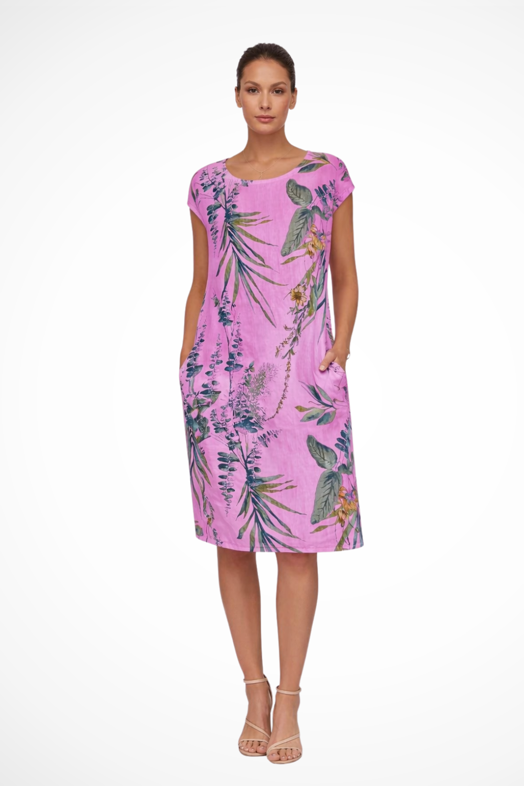 Botanical print casual summer midi dress for women, relaxed fit design for everyday comfort.