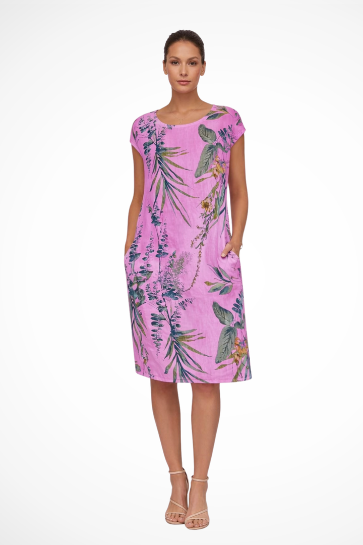 Botanical print casual summer midi dress for women, relaxed fit design for everyday comfort.