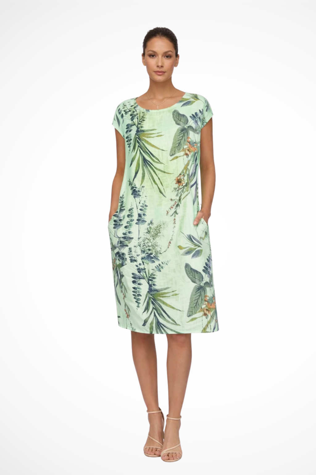 Vibrant botanical print relaxed fit summer dress, sleeveless style, perfect for sunny days.