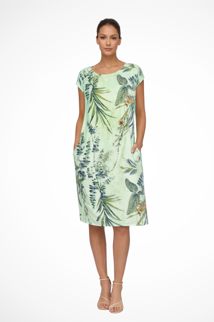 Vibrant botanical print relaxed fit summer dress, sleeveless style, perfect for sunny days.