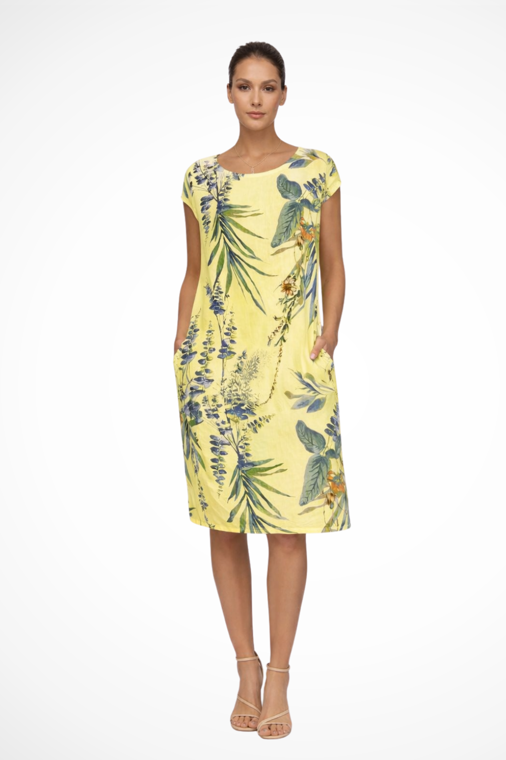 Comfortable women's relaxed fit midi dress, botanical print, sleeveless, great for summer.