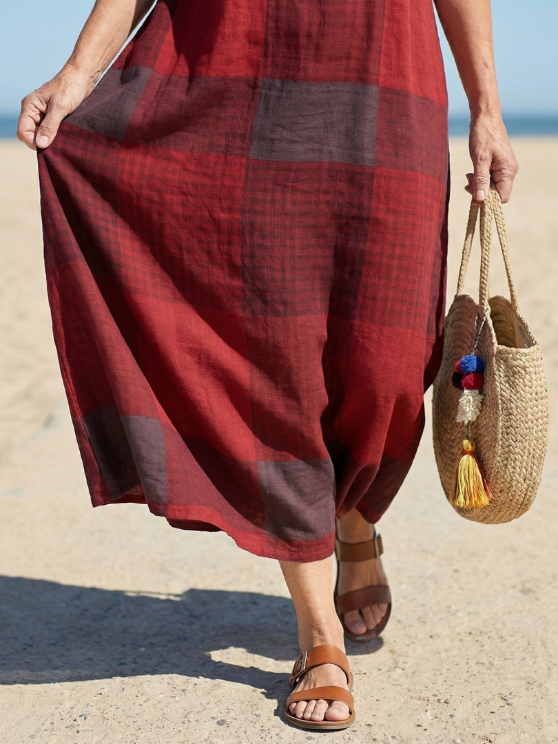 Burgundy plaid women's midi dress with a relaxed fit and short sleeves, a stylish choice for casual summer outfits.