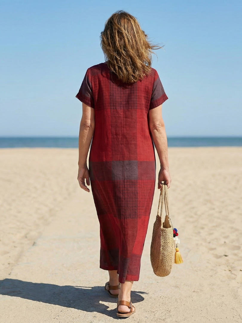 Short sleeve relaxed plaid midi dress for women, a comfortable and casual burgundy dress for summer.