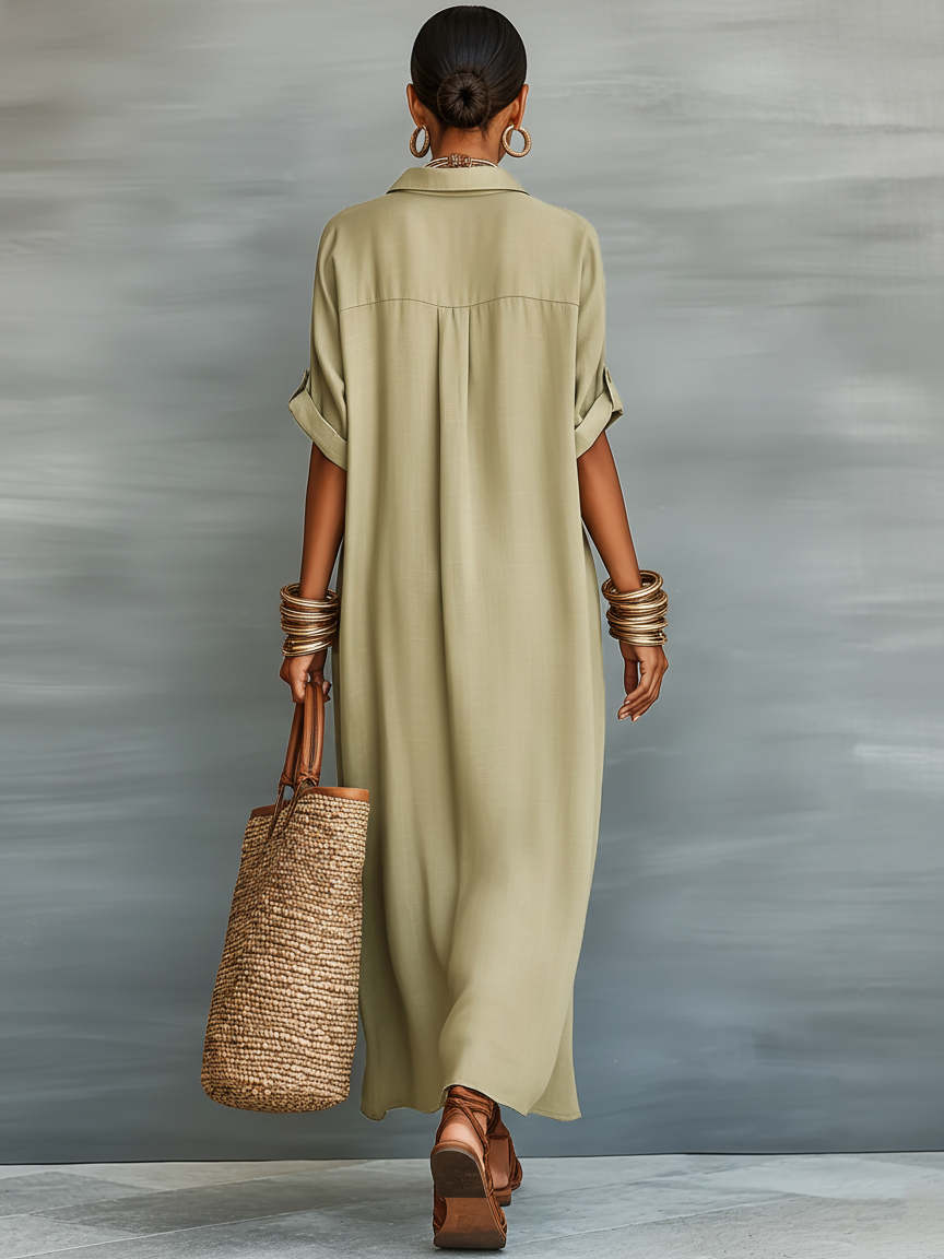 Versatile women's button-down maxi shirt dress with a relaxed fit. Perfect for casual summer fashion.