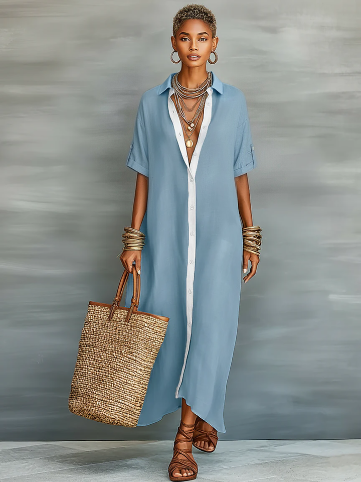 Comfortable women's relaxed fit maxi shirt dress. A button-front design ideal for weekend summer style.