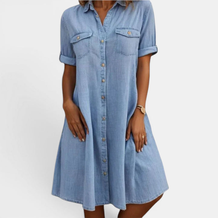 Women's relaxed fit button-front midi shirt dress for effortless everyday casual style.