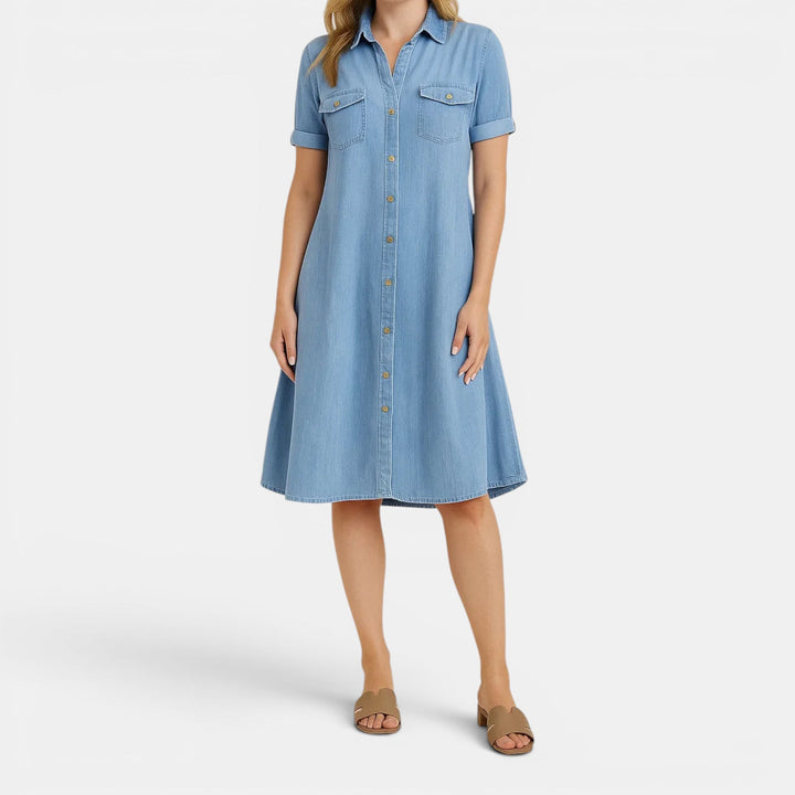 Casual women's relaxed fit button-down midi dress. Ideal for summer, everyday wear, and effortless style.