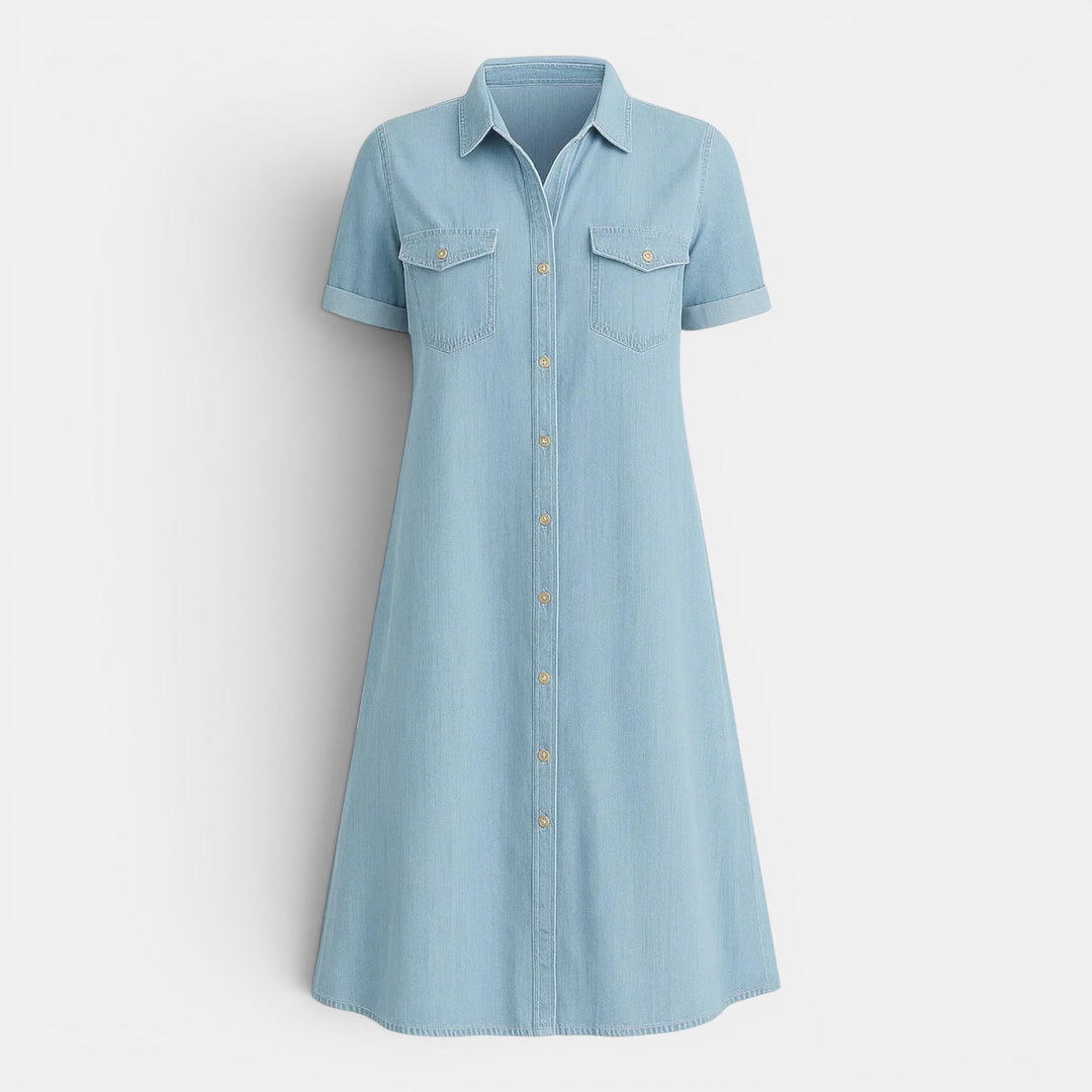 Classic women's button-front midi shirt dress with a relaxed fit. Perfect for versatile summer and casual styles.
