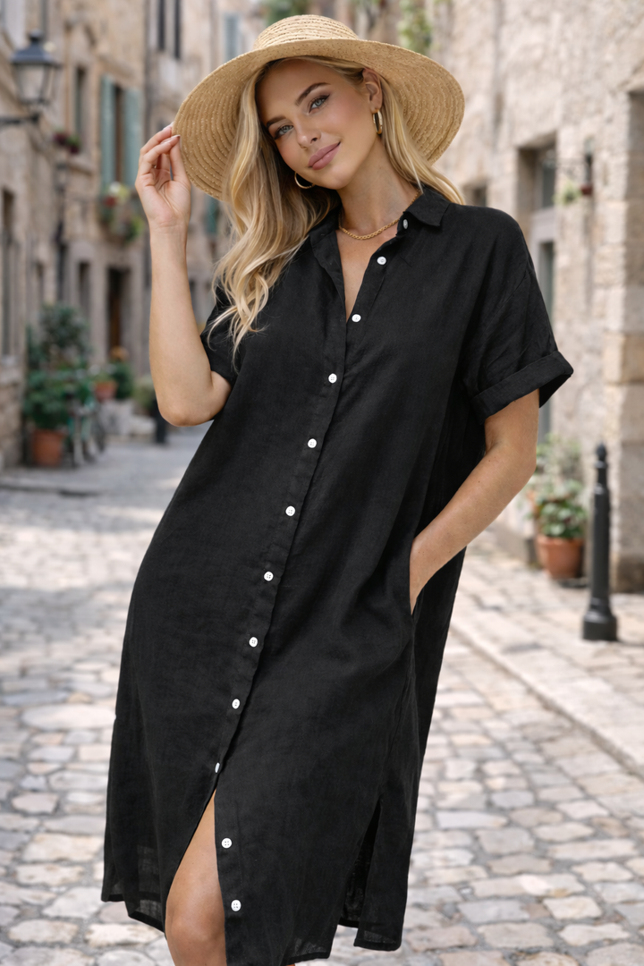 Casual women's summer midi shirt dress with button front. Relaxed fit ideal for beach or everyday style.