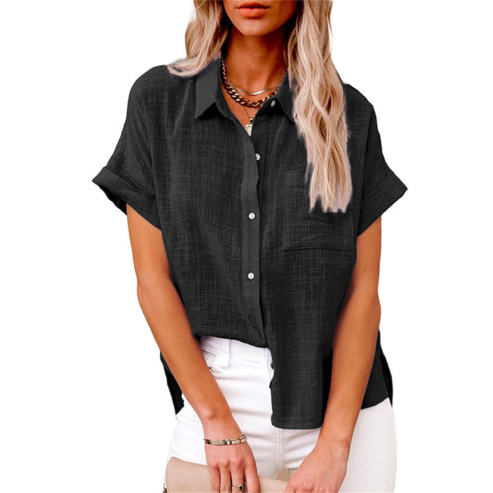 Women's relaxed fit button-front short sleeve blouse. Ideal for chic casual wear, summer fashion & everyday comfort.
