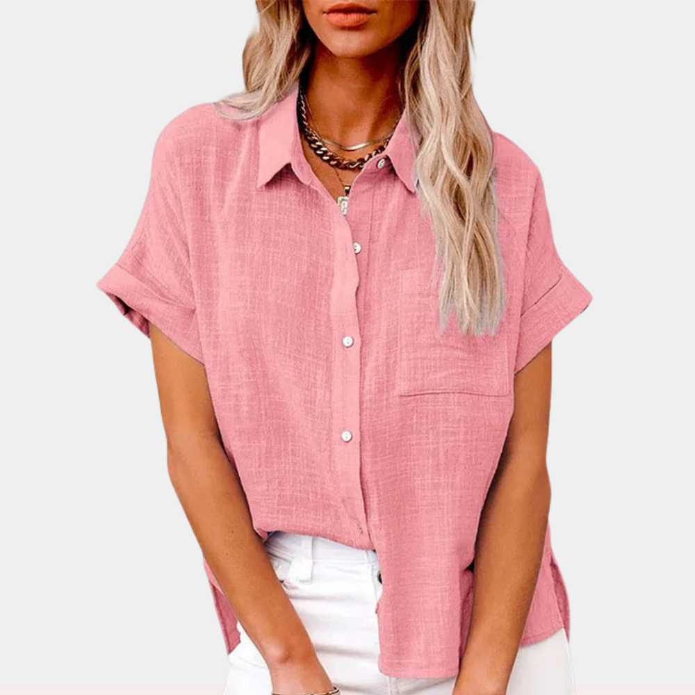 Versatile women's short sleeve button front blouse, relaxed fit for summer casual or chic everyday fashion.