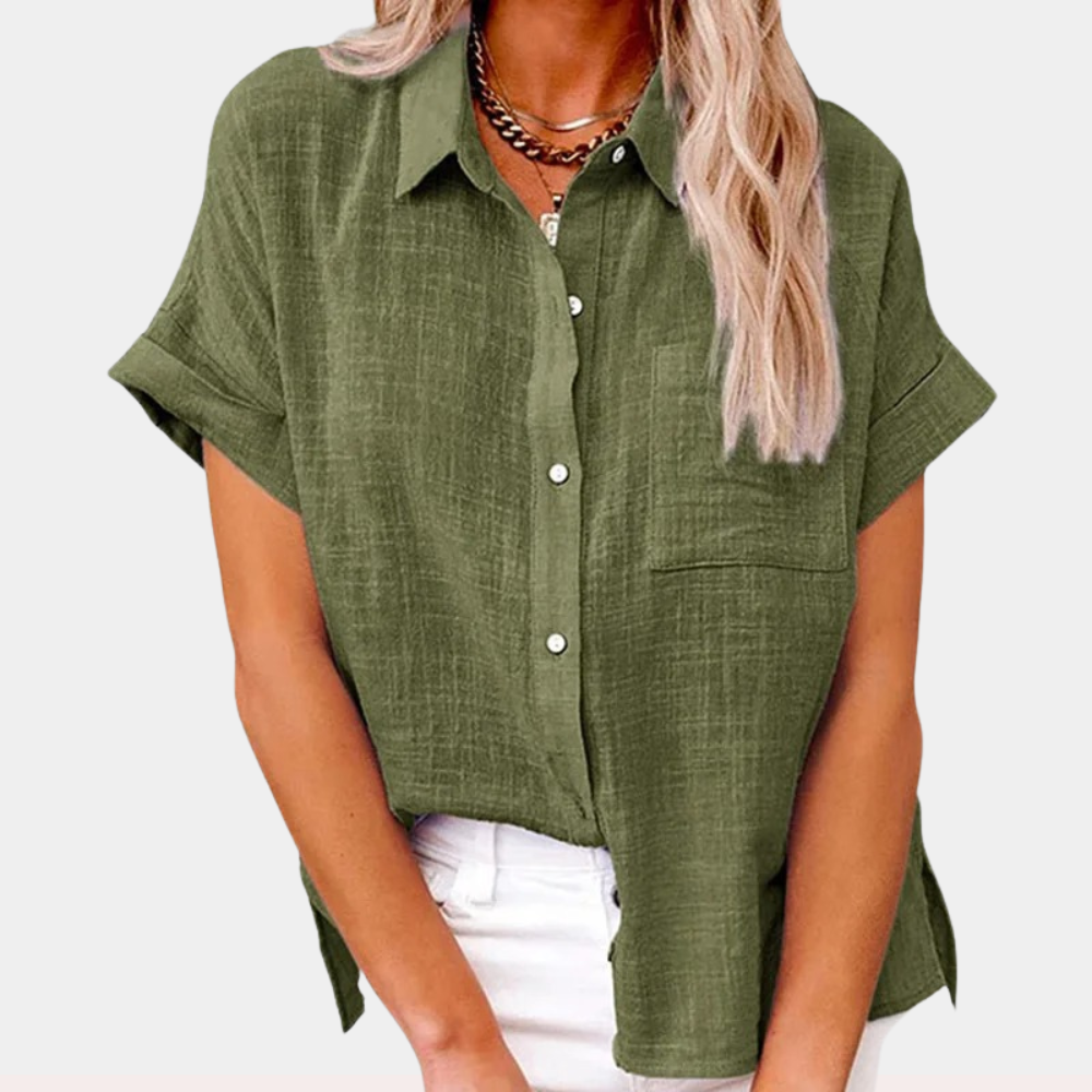 Stylish women's short sleeve button front blouse. Relaxed fit for effortless summer fashion & casual outings.