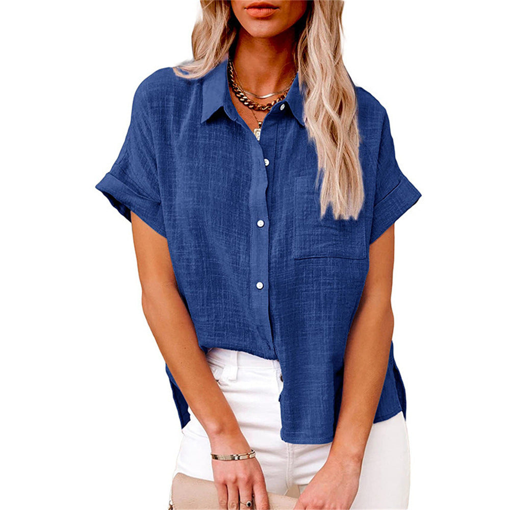 Chic women's relaxed short sleeve blouse, button front design. Perfect everyday top for casual summer fashion.
