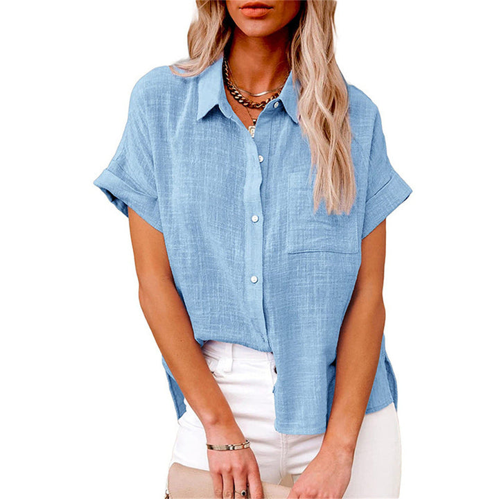 Women's relaxed button front short sleeve top. A versatile everyday blouse for comfortable summer style & casual fashion.