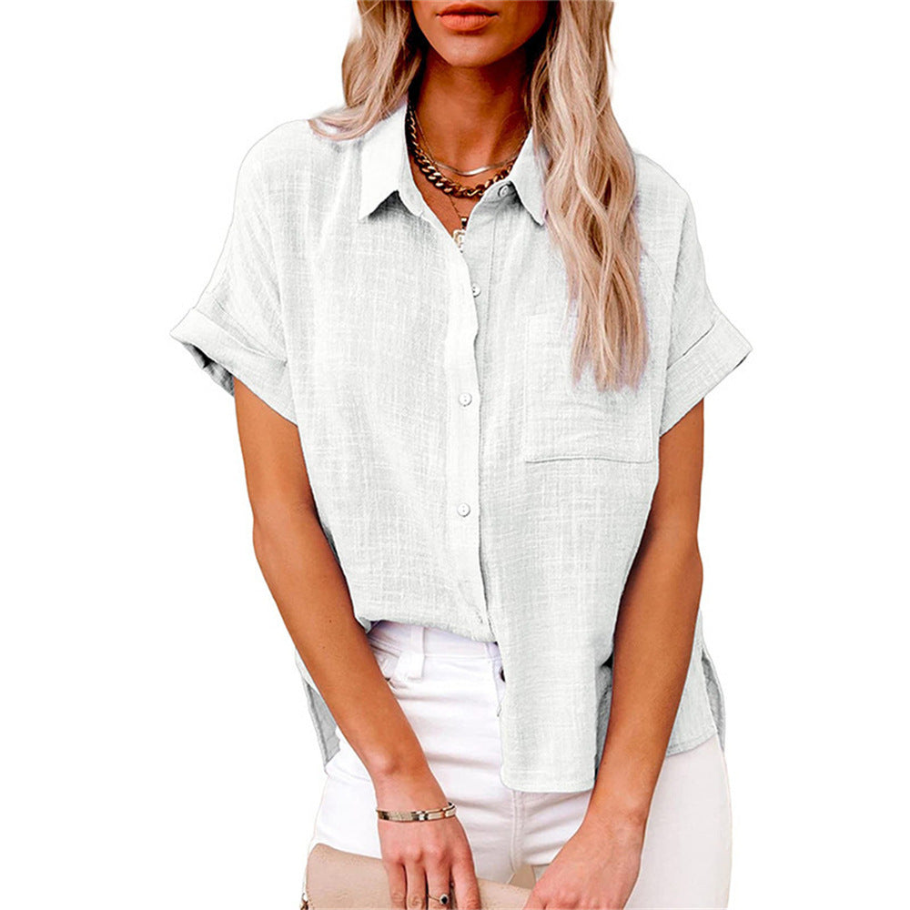 Relaxed fit women's short sleeve blouse with classic button front. A chic top for casual wear & summer fashion.