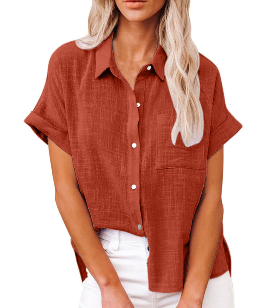 Fashionable women's relaxed fit short sleeve button-front blouse. Essential womenswear for summer & casual comfort.