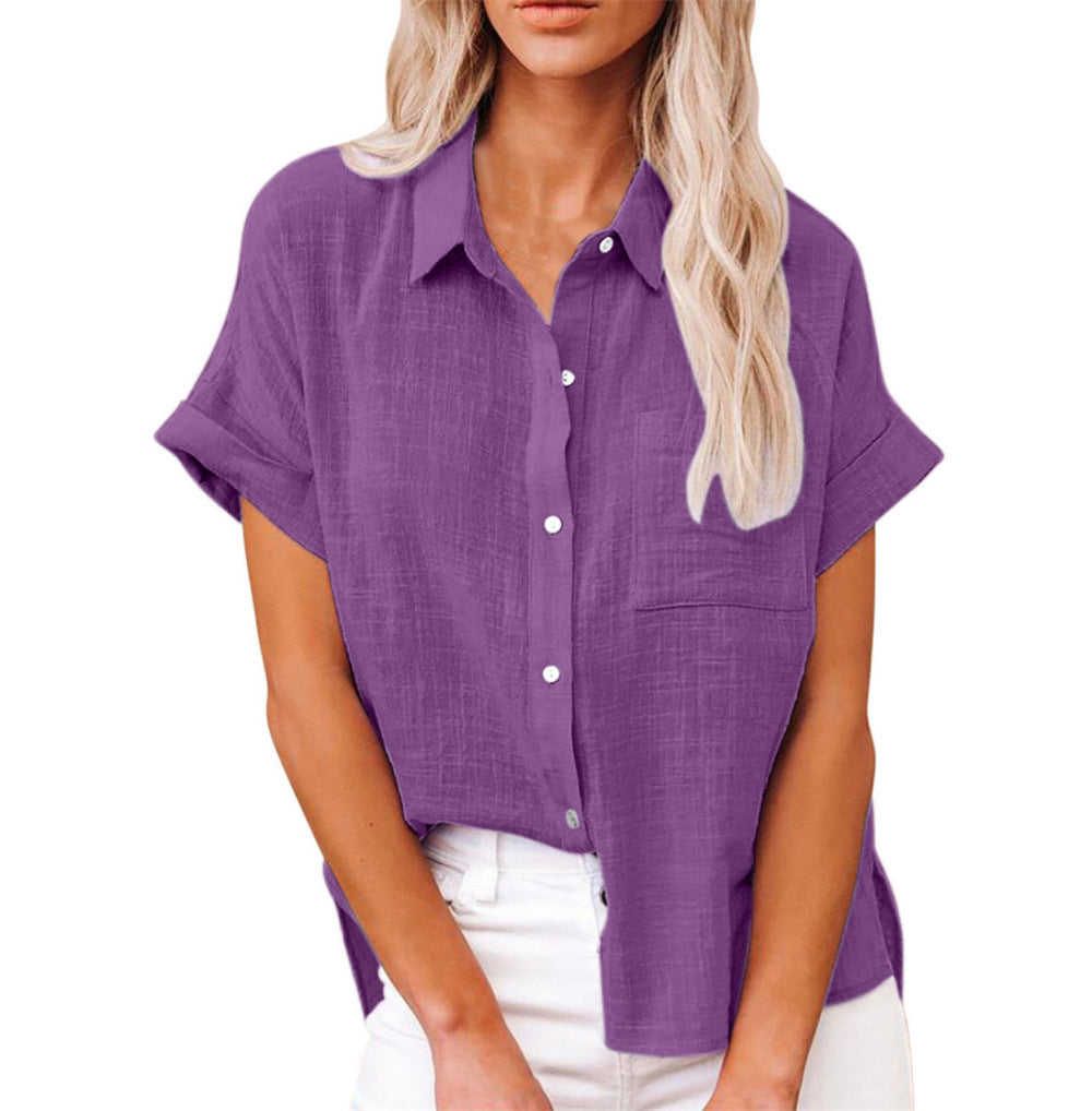 Modern women's relaxed fit short sleeve blouse. Button front detail makes it a versatile top for casual summer style.