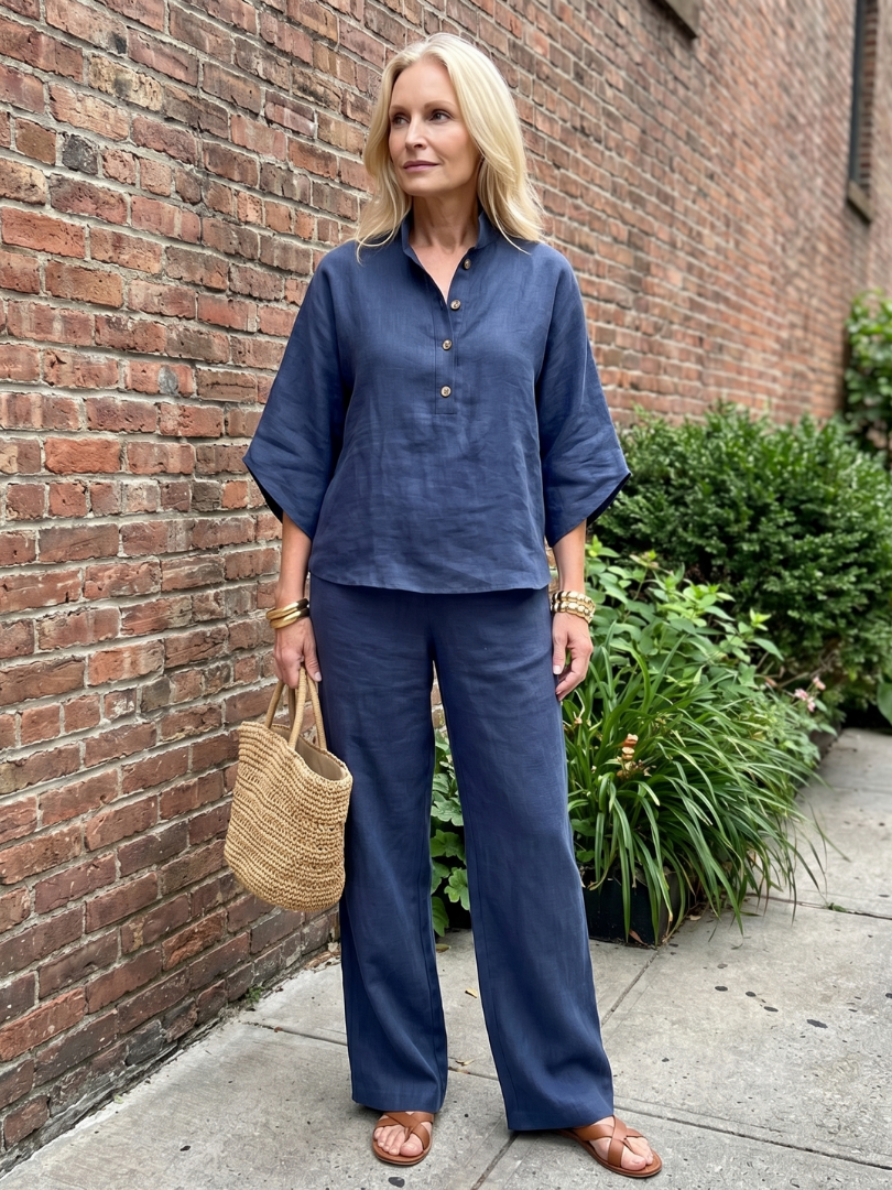Chic women's button front tunic & straight leg trouser set, combining comfort & elegance.