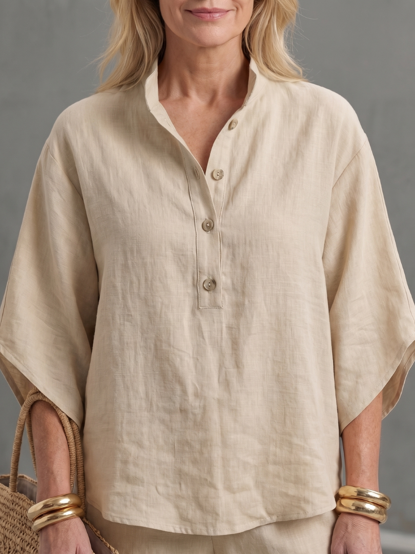 Button front tunic and straight leg trouser set for women, a comfortable and stylish outfit.