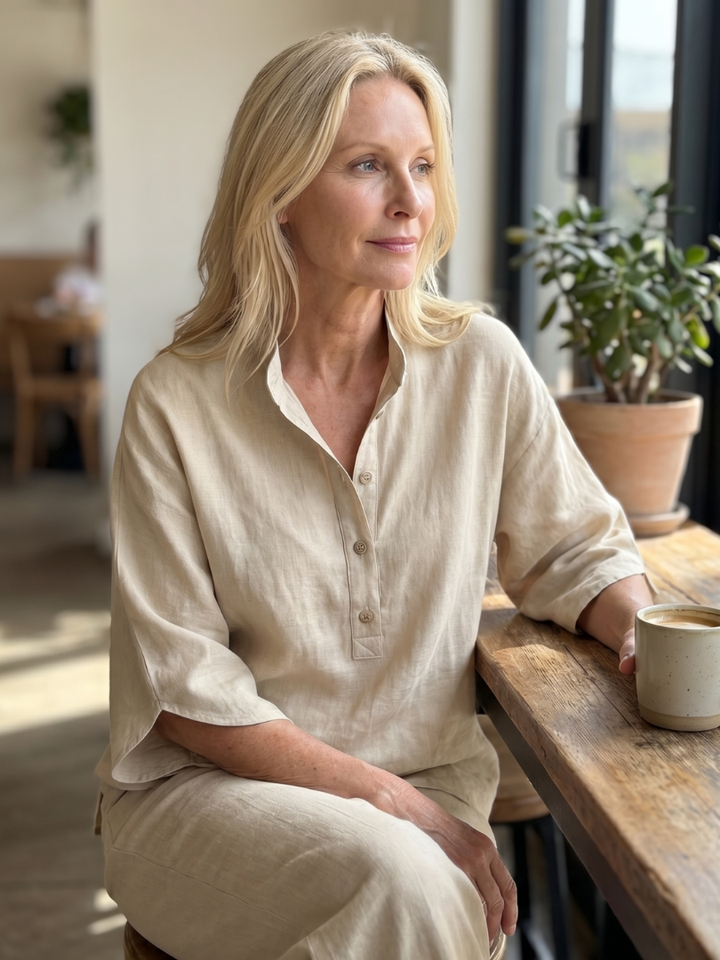 Women's comfortable button front tunic & straight leg trouser set, an essential spring outfit.