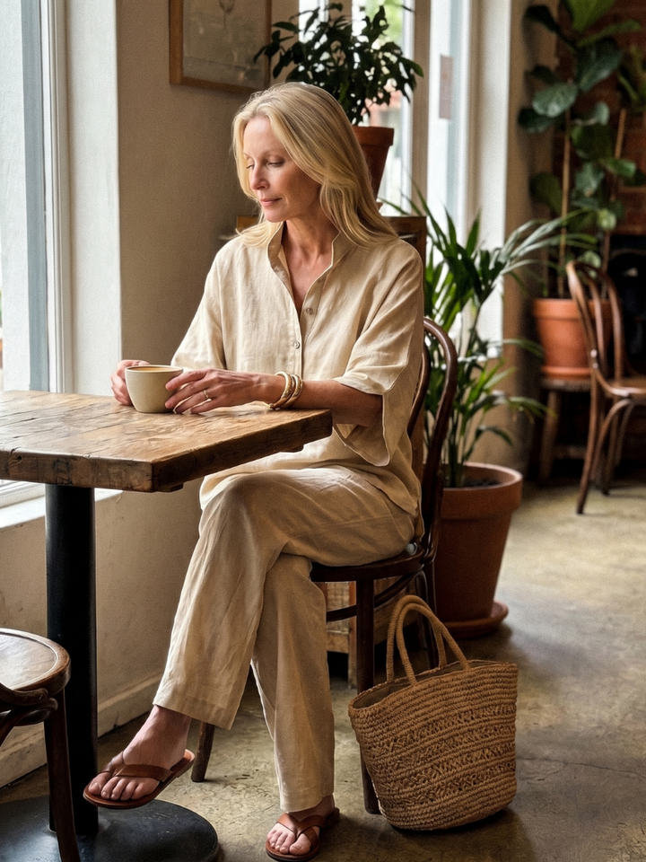 Versatile women's straight leg trouser & button front tunic set, for a relaxed, fashionable look.
