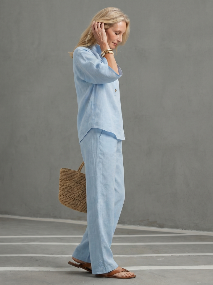 Comfortable women's button-front tunic & straight leg trouser set, perfect for spring fashion.