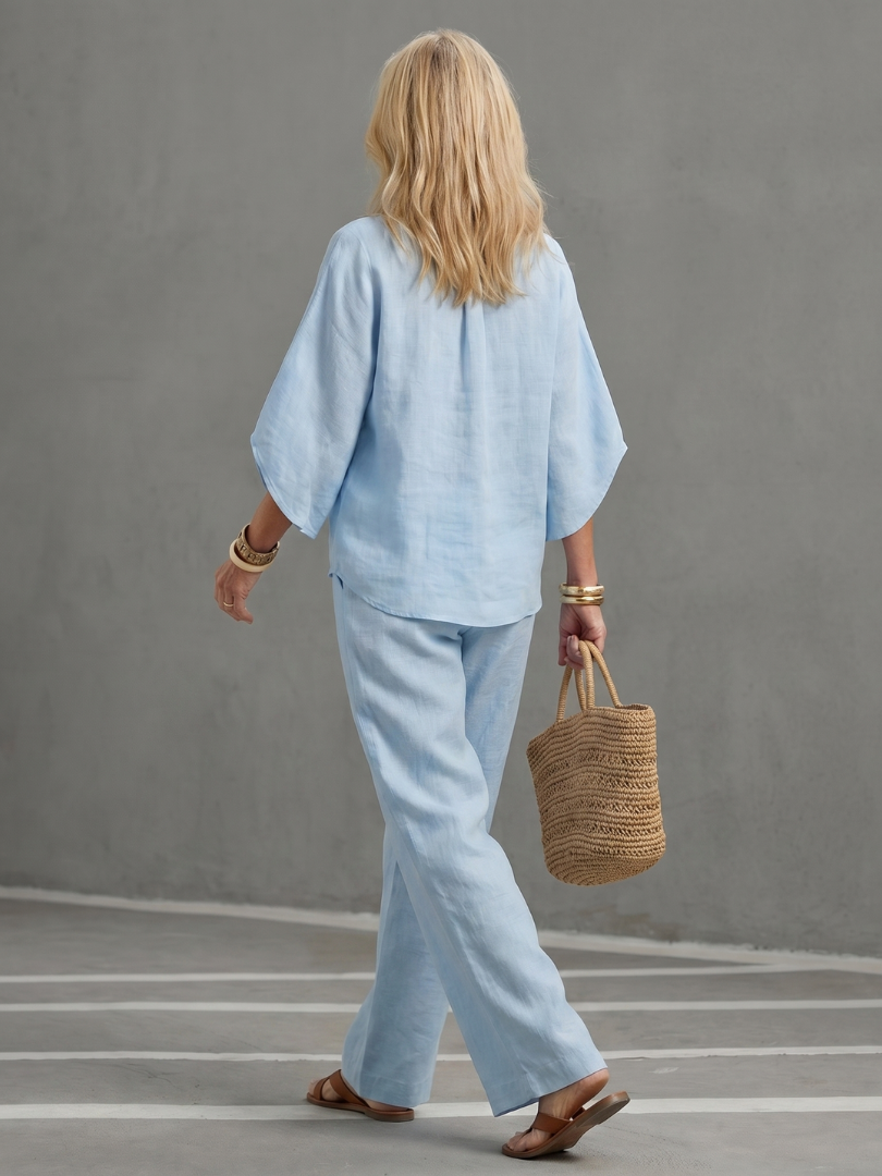 Versatile women's button front tunic & straight leg trouser set, ideal for summer style.