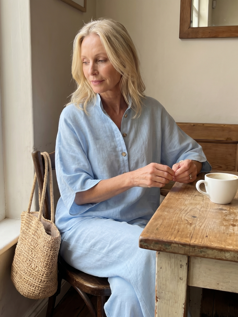Women's two-piece relaxed fit tunic and straight leg trouser set, comfortable and chic.