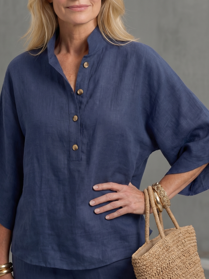 Casual women's button front tunic & straight leg trouser set, perfect for daily wear.