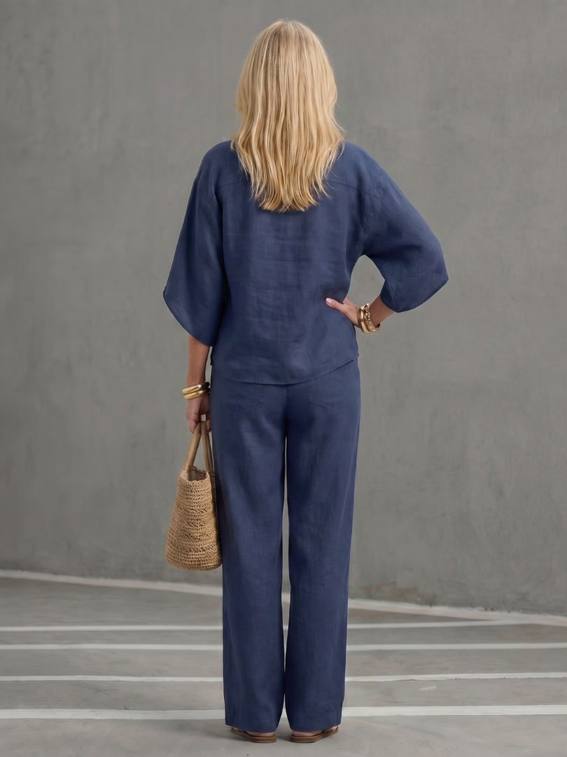 Women's comfortable tunic and straight leg trouser set with a relaxed, elegant fit.