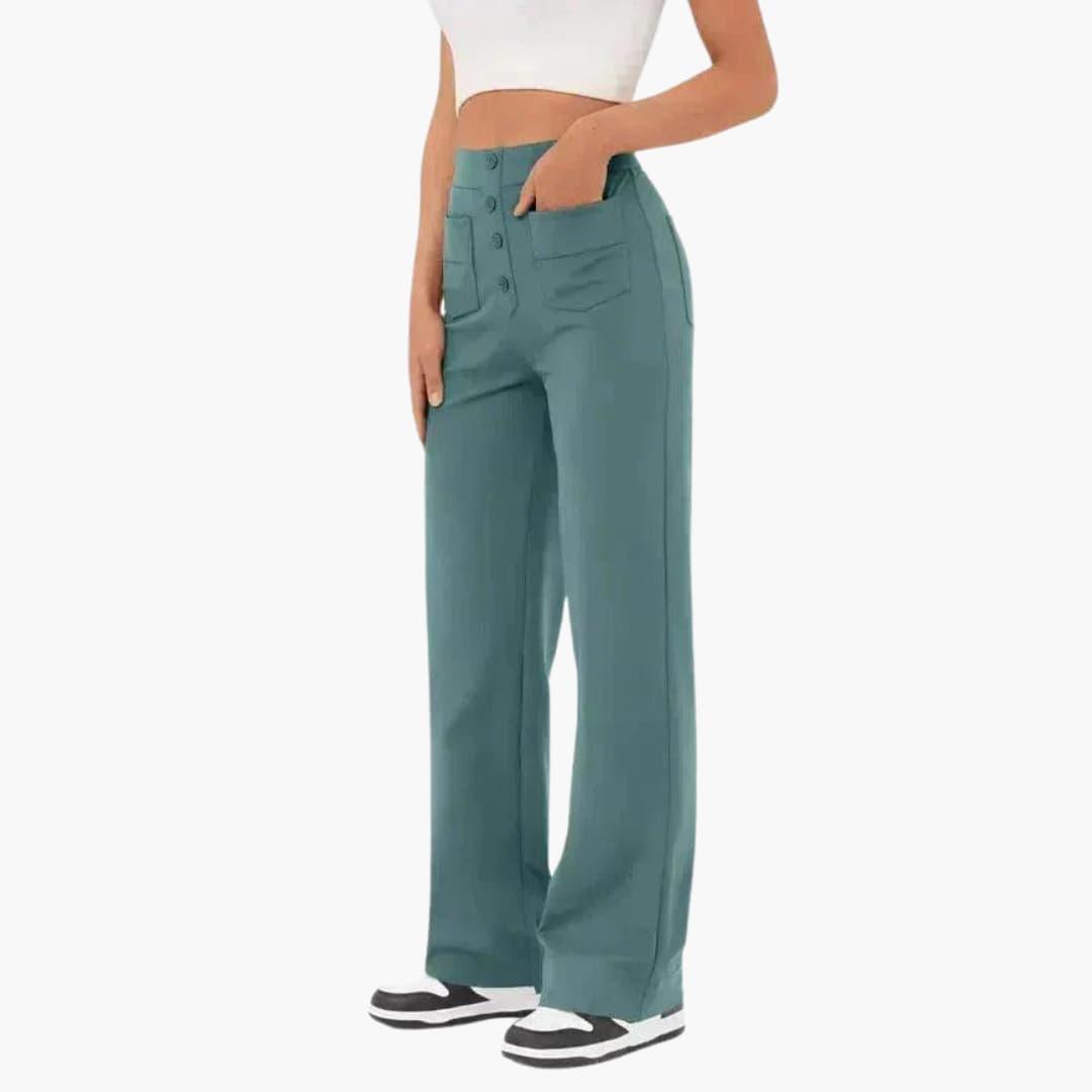 Comfortable women's straight leg trousers featuring an elastic waist and convenient side pockets.