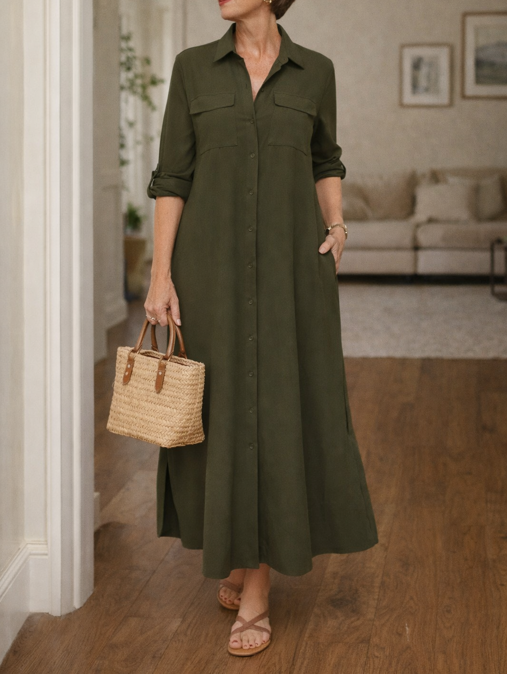 Women's relaxed fit collared button front maxi dress. Chic long sleeve shirt dress for versatile casual wear.