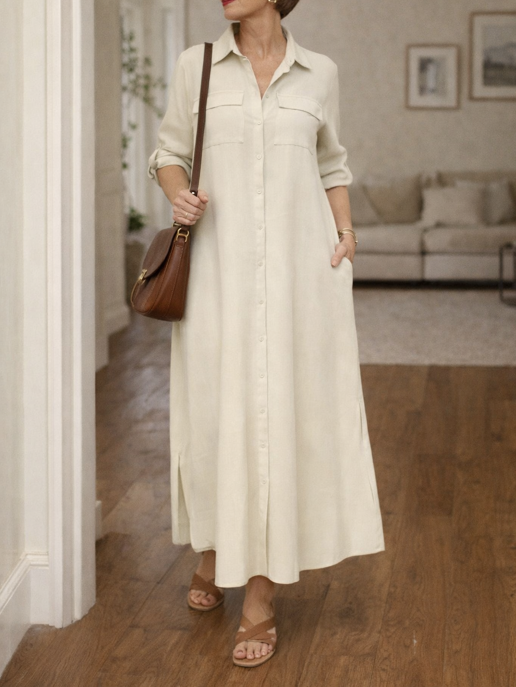 Front view of a women's collared button front maxi dress. Relaxed fit, long sleeve, perfect for smart casual.