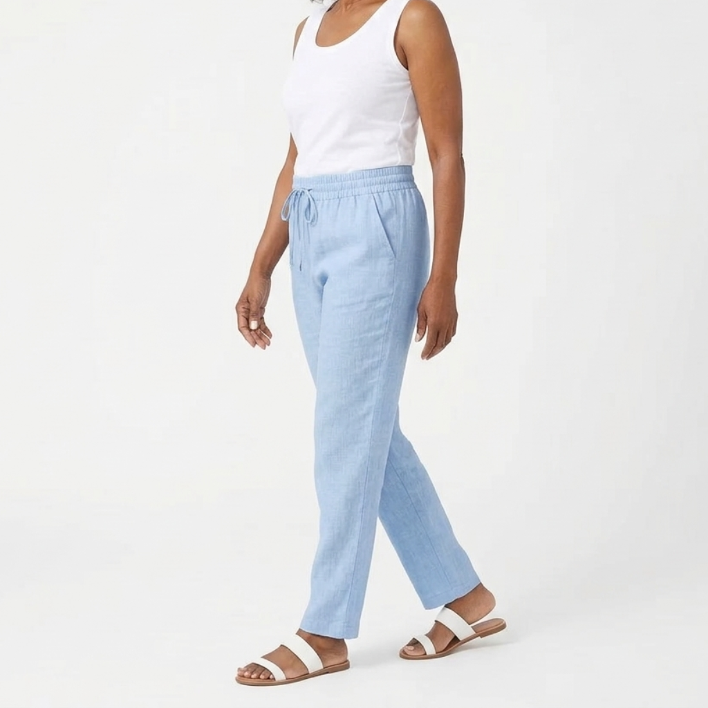 Women's relaxed fit cropped trousers with comfortable elastic waist, perfect for casual summer style.