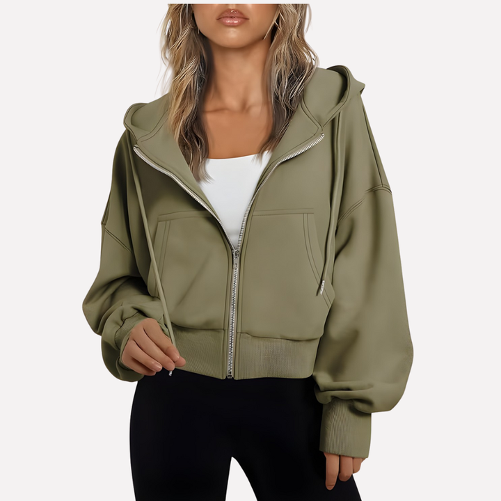 Women's relaxed fit cropped zip hoodie with drawstring, perfect for casual everyday style.