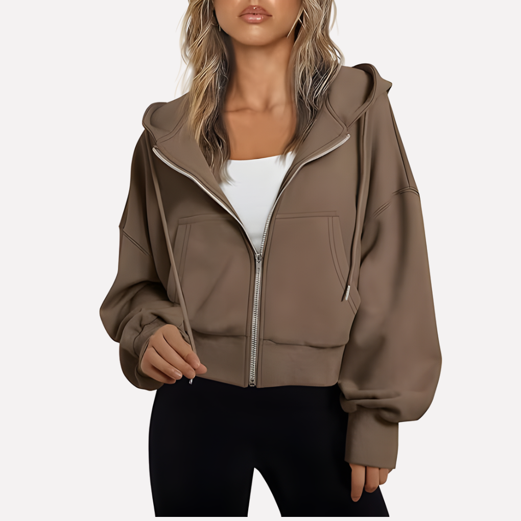 Comfortable women's relaxed fit hoodie, cropped length, zip closure, drawstring.