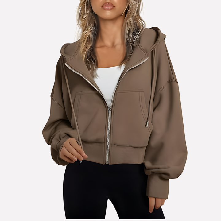 Comfortable women's relaxed fit hoodie, cropped length, zip closure, drawstring.