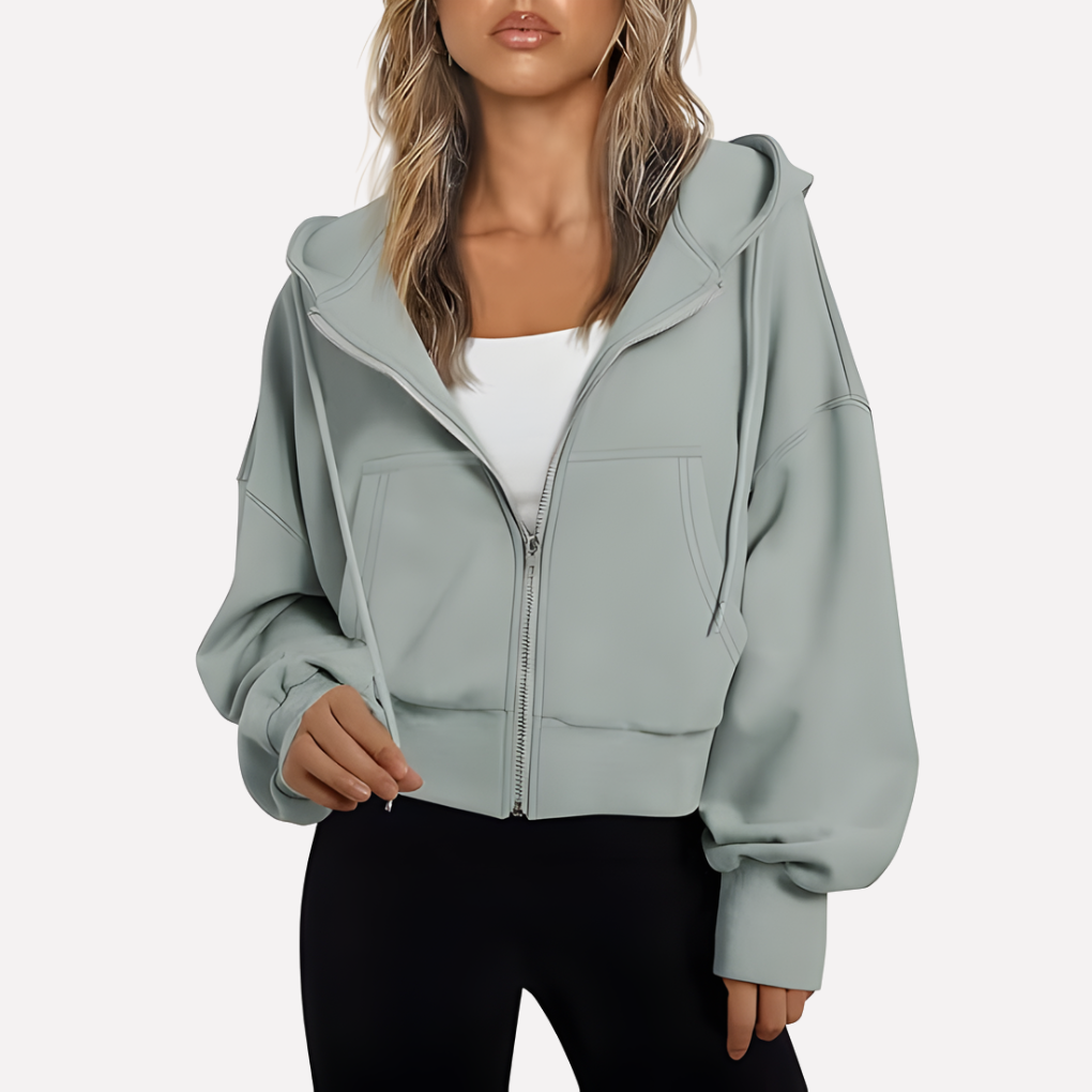 Women's casual cropped zip hoodie, relaxed fit, drawstring accent, great for layering.