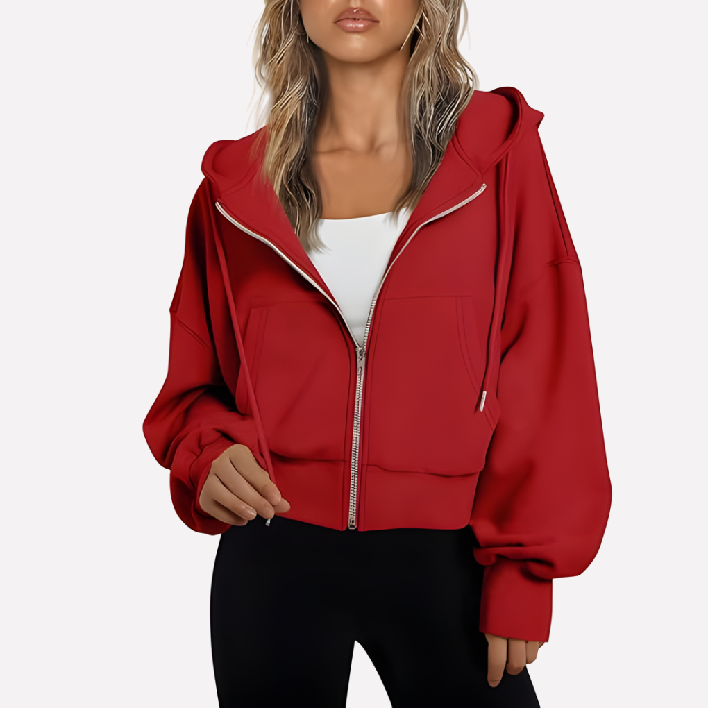 Everyday women's clothing: relaxed fit cropped zip jacket with an adjustable drawstring.