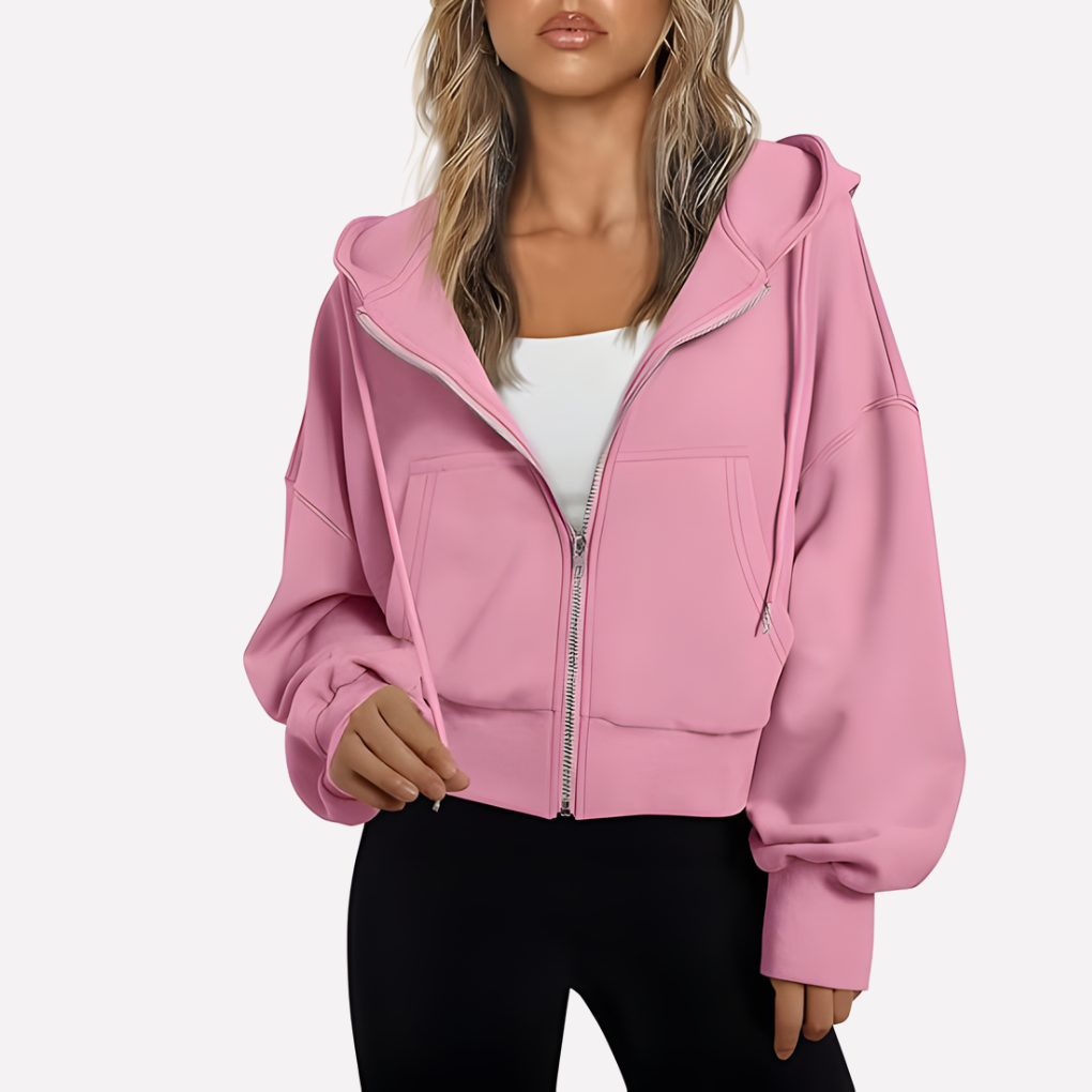 Trendy women's cropped drawstring hoodie, relaxed fit, full zip for easy wear.