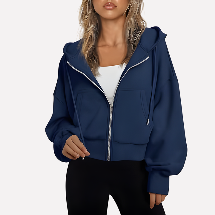 Women's zip-up relaxed fit cropped jacket, ideal comfort wear for casual style.