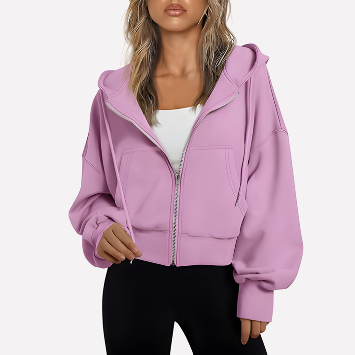 Women's casual fashion: relaxed fit cropped zip hoodie with a functional drawstring.