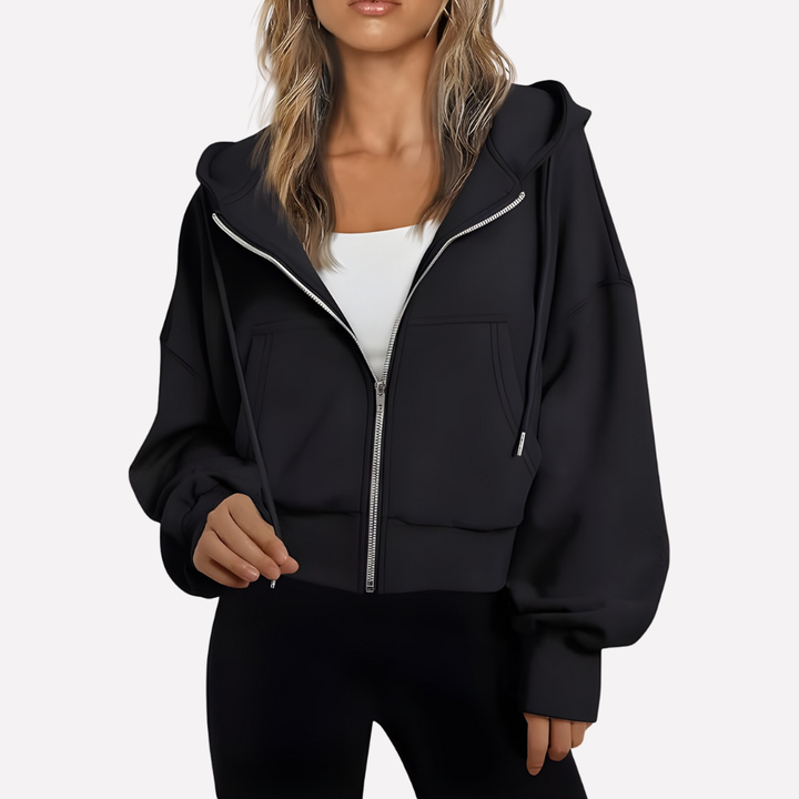 Stylish women's zip-up cropped jacket, relaxed fit with adjustable drawstring.