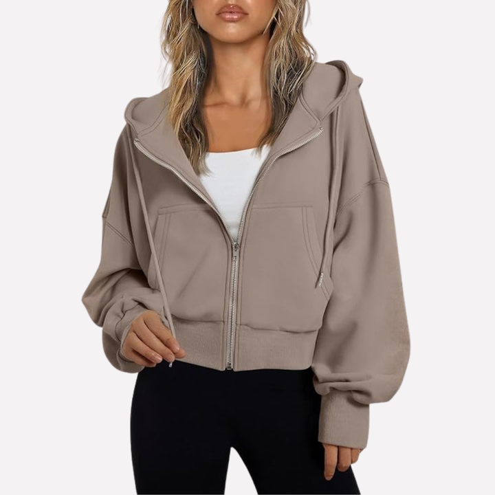 Casual women's drawstring cropped jacket, full zip, relaxed fit for everyday wear.