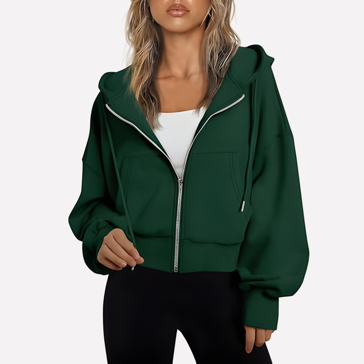 Fashionable women's zip hoodie, cropped silhouette, relaxed fit, perfect for layering.